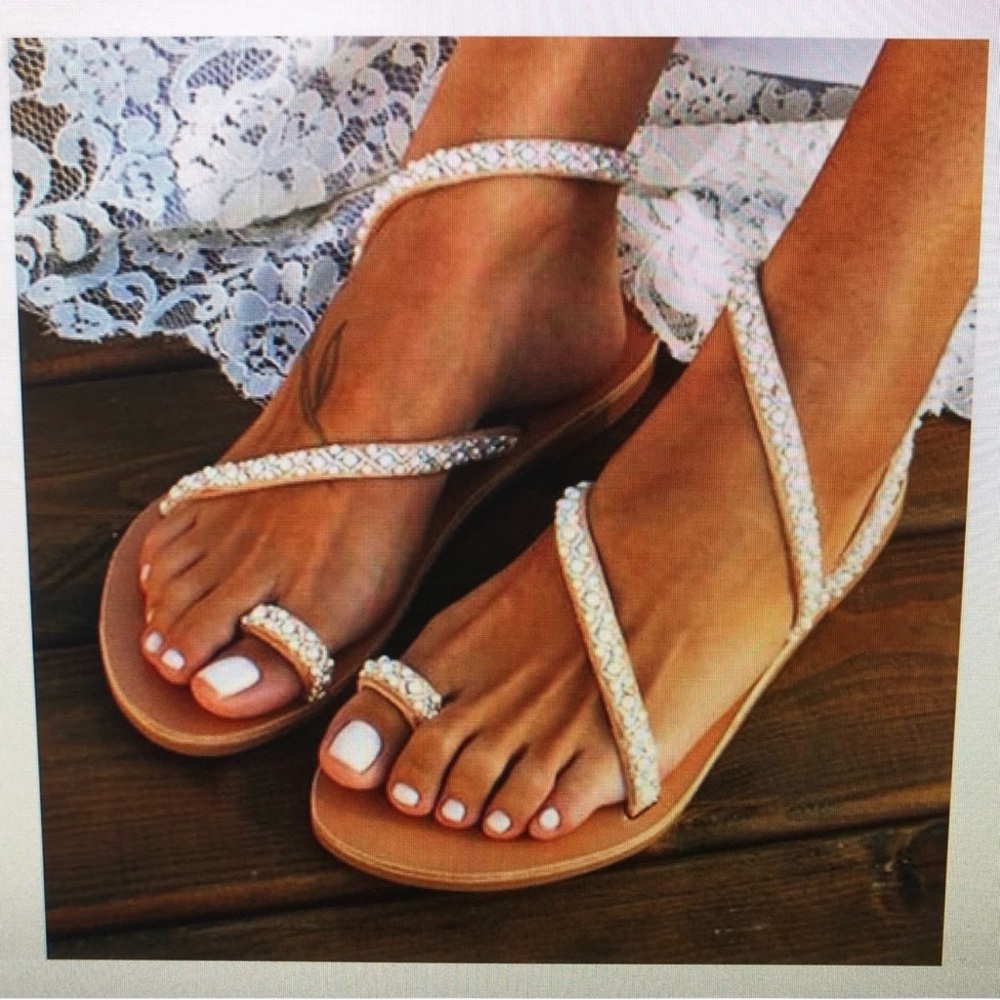 *LAST CHANCE* Pearl-Embellished Tan Brown wedding Sandals sz 41, 10, 10.5 shoes